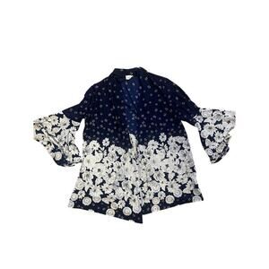 Embers Drape Style Cardigan Womens Large Floral Navy Blue and white